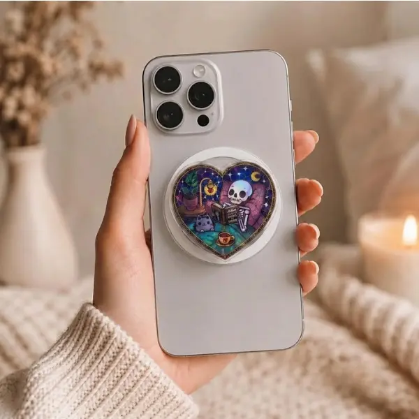 Spooky Cute Skeleton Reading MagSafe Phone Grip, Stained Glass Style Gothic Heart Magnetic PopSocket, Cozy Bookish Phone Holder, Aesthetic Gift for Reader