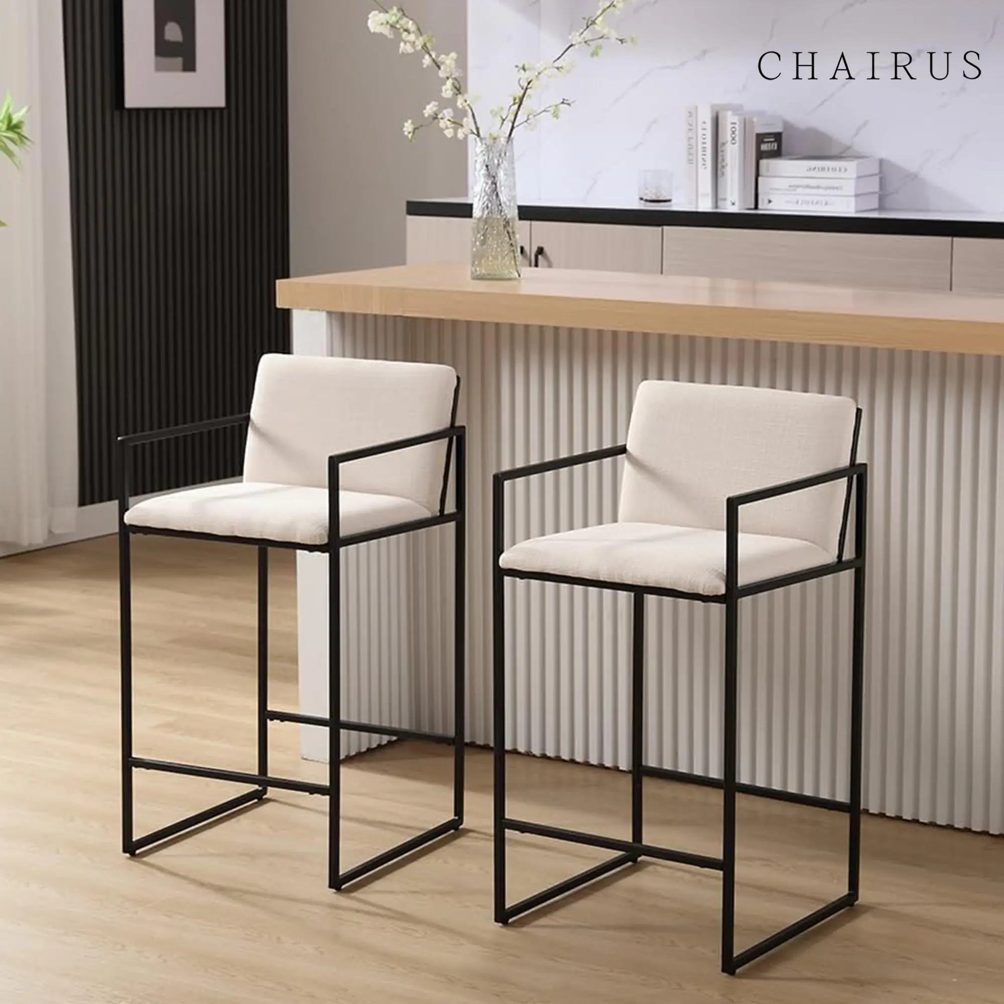CHAIRUS Counter Height Bar Stools Set of 2, 25.5 Inch H Counter Stool Armrest Bar Chairs with Metal Legs, Footrest,Linen Bar stools Modern Bar Stools