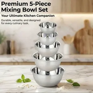 5pc Stainless Steel Mixing Bowl Set - Non-Slip, Graduated Scale for Baking, Prep, Kitchen Use