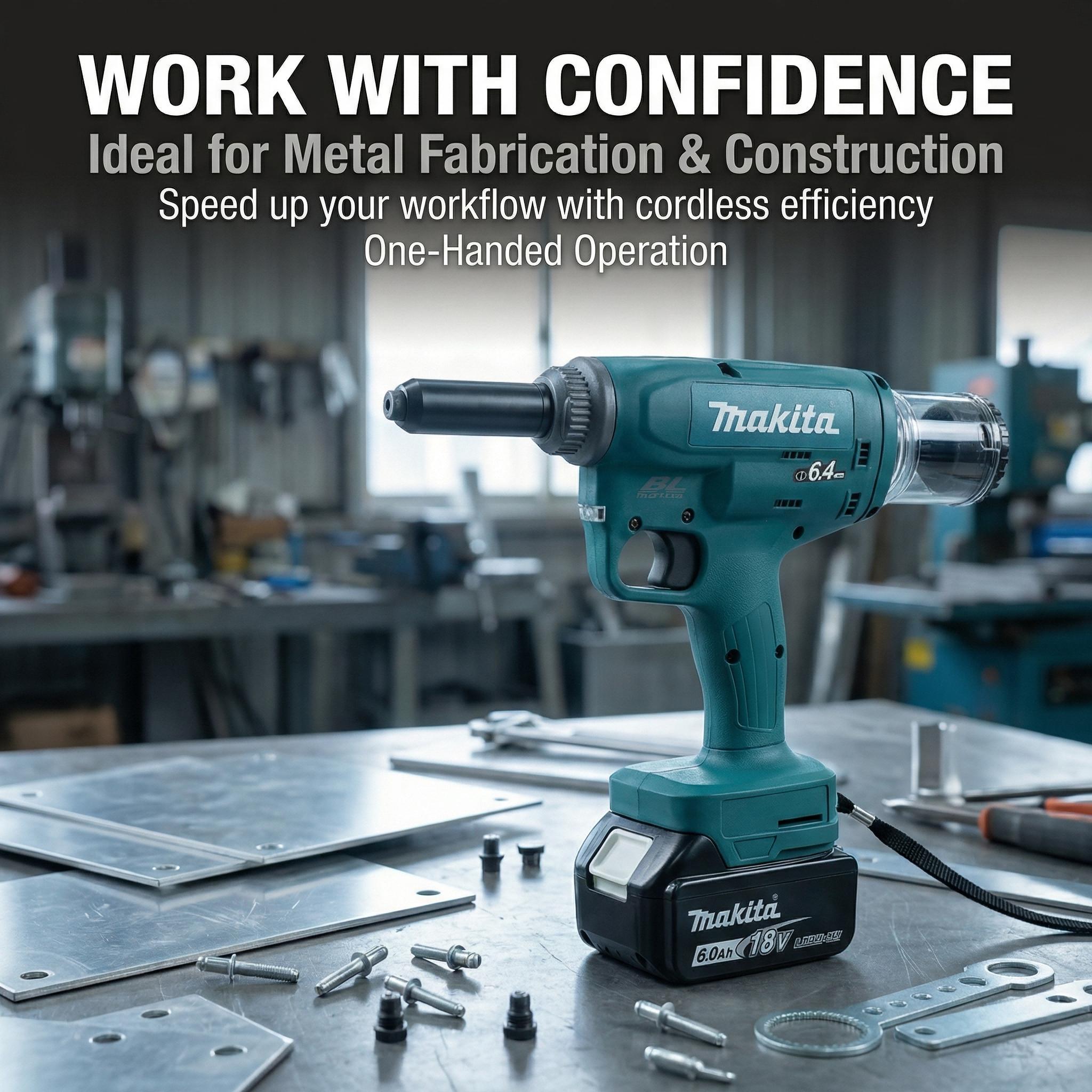 Makita Cordless Rivet Gun with High Pull Force for Sheet Metal Assembly and Maintenance Work