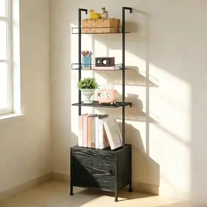 Black Industrial 4-Tier Ladder Bookshelf with Metal Frame, Drawers and Wall-Mounted/Freestanding Storage Shelves for Living Room, Office