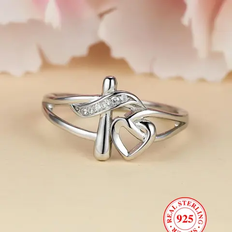 S925 Sterling Silver Hollow Out Cross & Heart Design Ring for Women, Heart Shaped Ring, Fashion Rings, Fashion Jewelry for Party, Daily Decor, Trendy All-match & Exquisite Jewelry for Birthday Gift, with Box