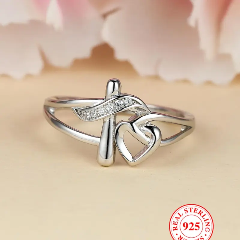 S925 Sterling Silver Hollow Out Cross & Heart Design Ring for Women, Heart Shaped Ring, Fashion Rings, Fashion Jewelry for Party, Daily Decor, Trendy All-match & Exquisite Jewelry for Birthday Gift, with Box