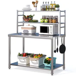Stainless Steel Table with Shelves 48"x24" Prep Table for Commercial Kitchen Steel Countertop with 2 Adjustable Tier Overshelves Worktable Workbench for Home Restaurant (Large)