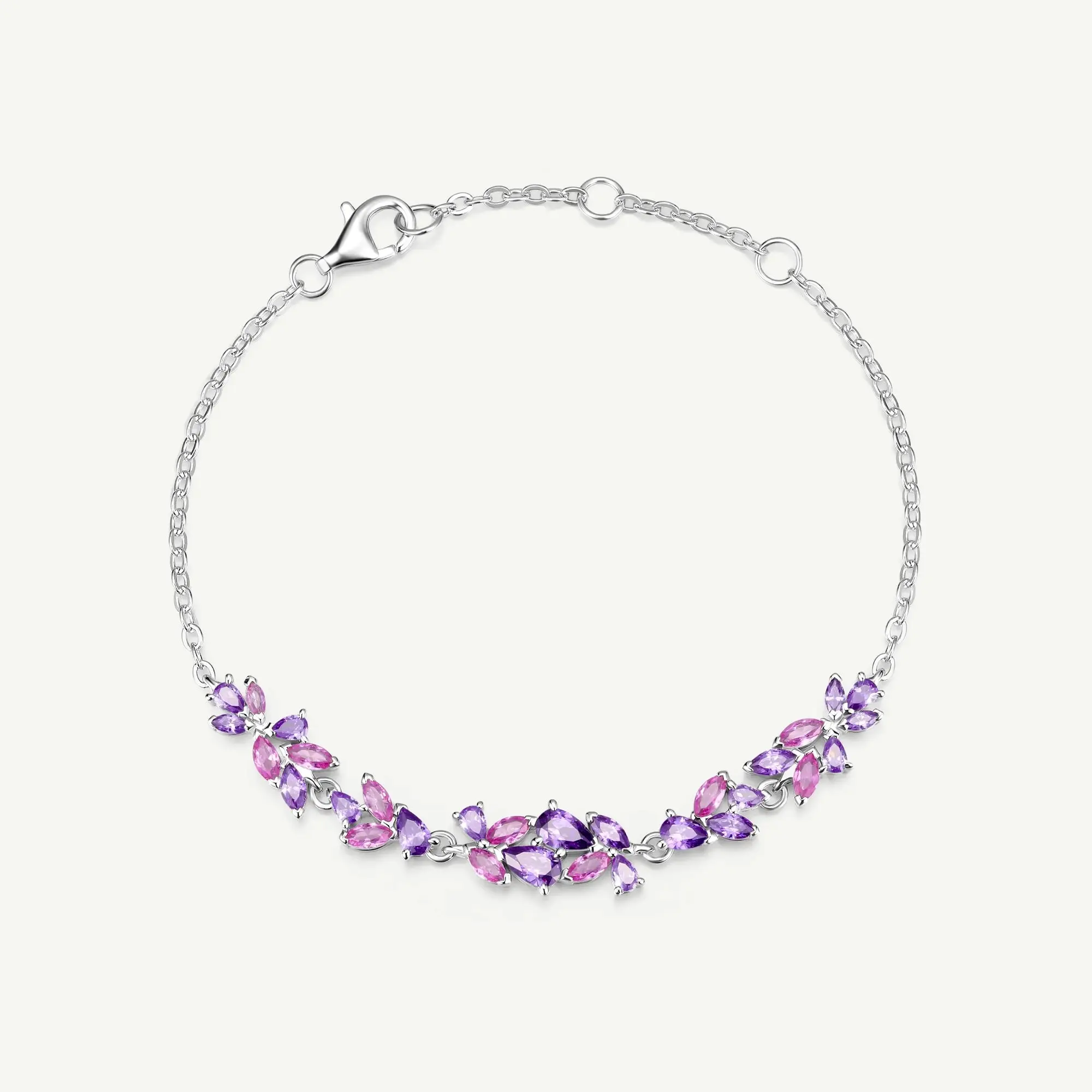 Female Daily Costume Jewelry "Wisteria Whisper" Amethyst Flower Bar Silver Bracelet