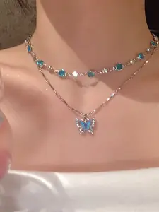 Elegant Two-Layer Resin Butterfly Pendants Set, Luxurious Blue Artificial Diamond Necklace, Sweet Women's Clavicle Chain, Layered Necklaces, Perfect Gift