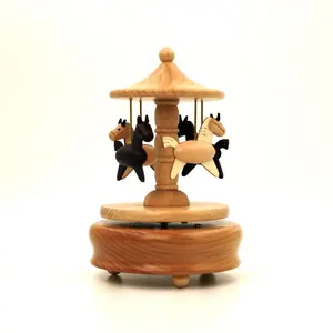 Carousel Music Box Wooden Merry-Go-Round Horse Musical Box Turn Horse Shaped Wood Crafts Birthday Christmas Gifts Home Decor