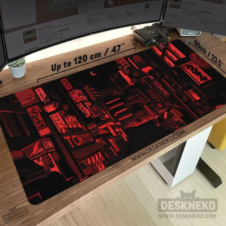 Red Tokyo Desk Mat Mouse pad, Pixel Art Dark Keyboard Deskmat rgb, Black Neon Japanese City Night, xxl Large Mousepad led, Anime Aesthetic, Desk Mat Gifts