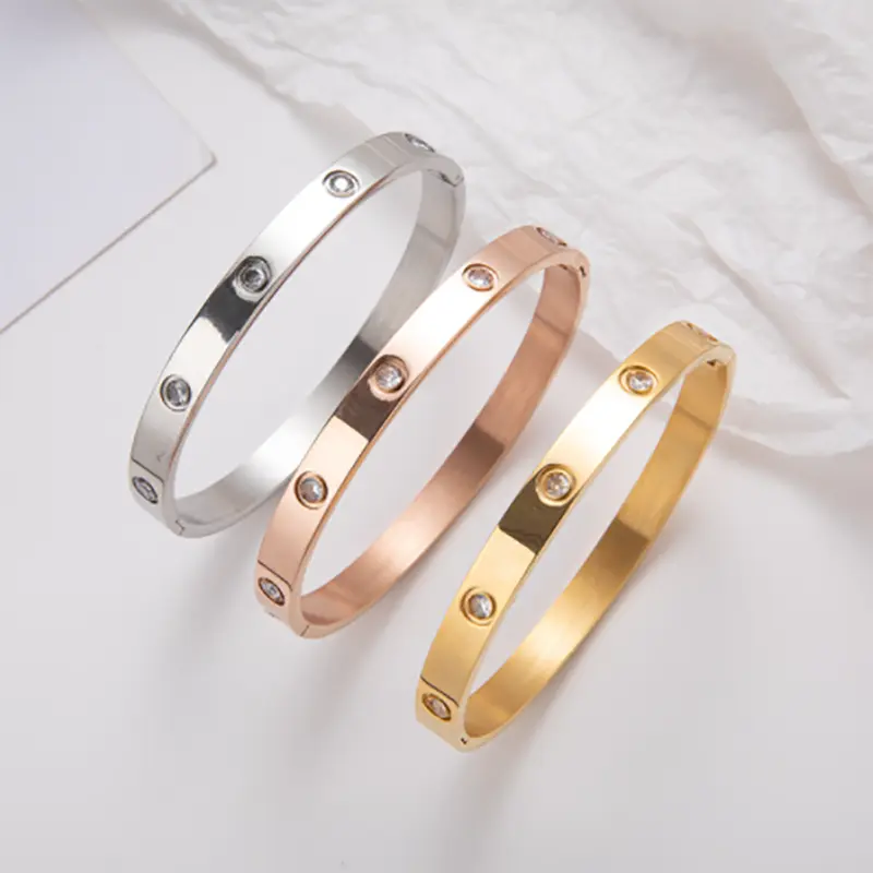 Women's Ethnic Rose Metal Bangles - 4mm, 6mm Stainless Steel & Titanium Steel Rhinestone Bracelets, Daily Fashion Jewelry, Designer Gift for Females