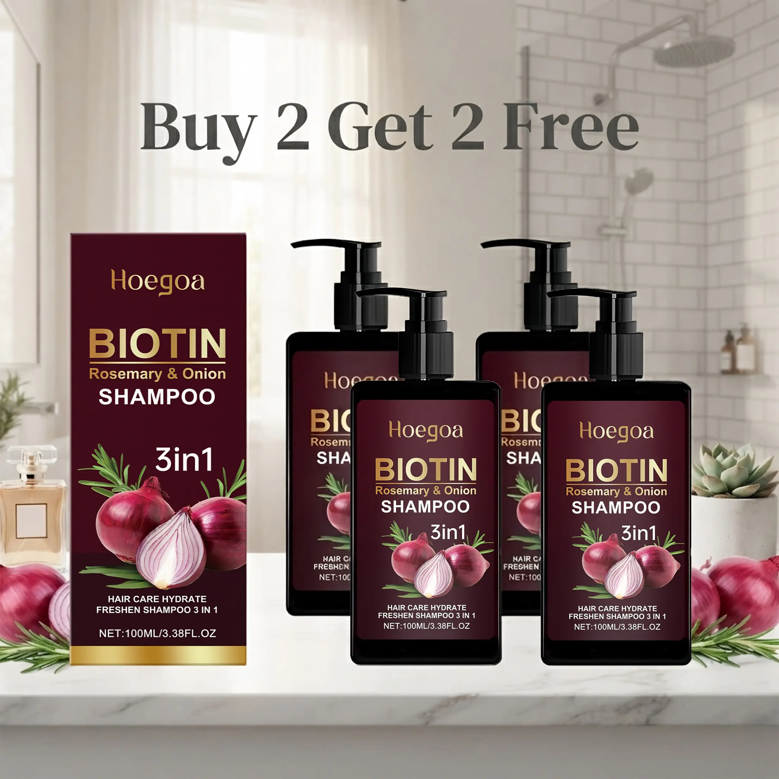Hoegoa 4 Pack 3-in-1 Biotin Rosemary Onion Hair Growth Shampoo 3.38 FL OZ (Buy 2 Get 2 Free), Gentle Scalp Revitalizing Cleanser for Damaged Hair & Sensitive Scalp, Deeply Nourishes Roots, Strengthens Thinning Strands & Delivers Long-Lasting Glossy Shine