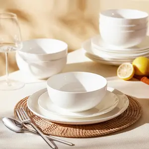 12-Piece Bone Dinnerware Set for 4, Lightweight Porcelain Round Plates and Bowls Set, Durable Scratch Resistant Ceramic Dinner Set, Microwave & Dishwasher Safe, Ivory White