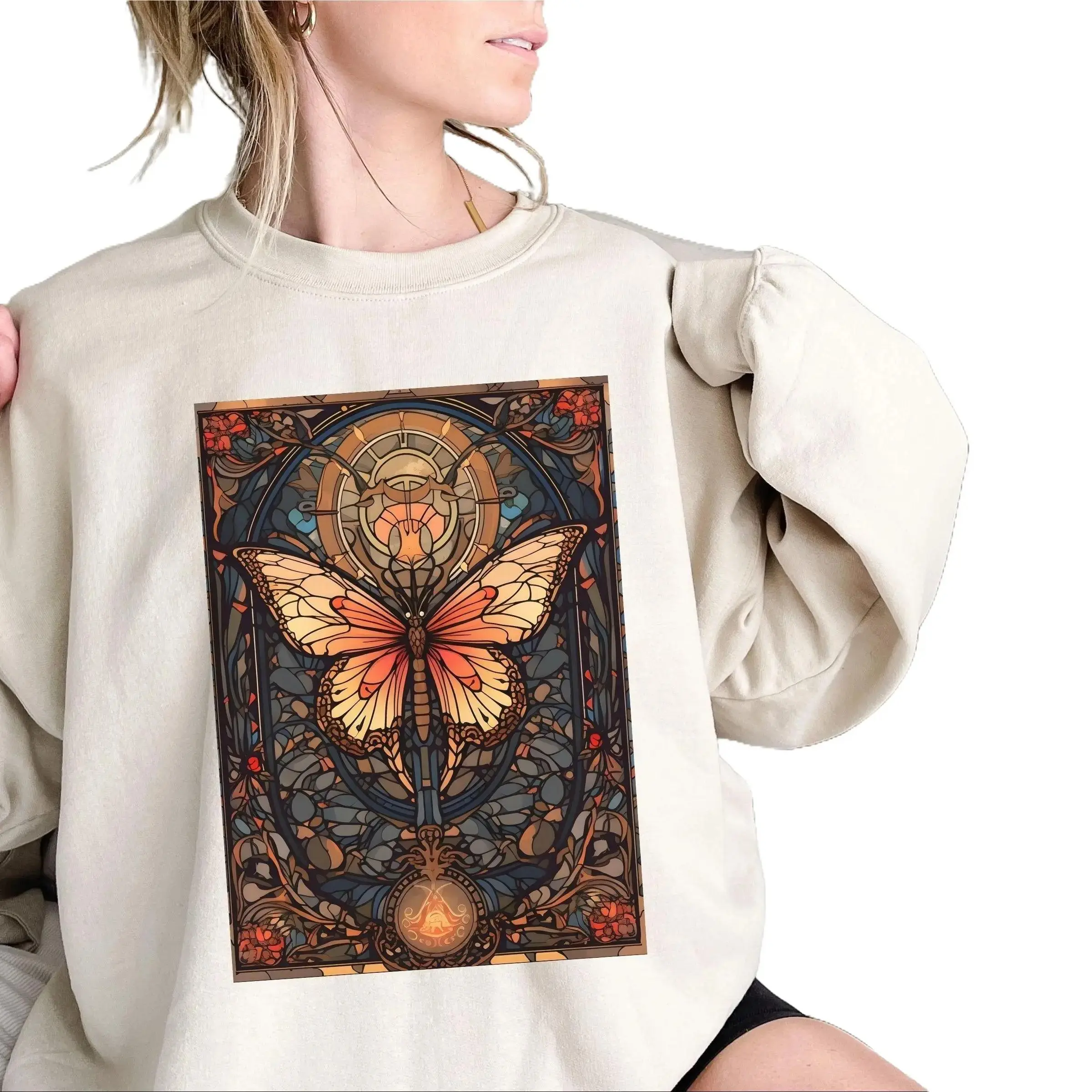 Stained Glass Butterfly Tarot Card Sweatshirt, Witchy Cottagecore, Goblincore, Tarot Card Lover, Halloween Fall Festival Goth Party Sweater