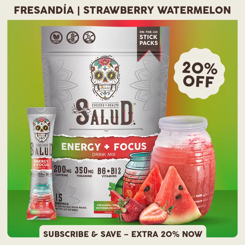 Salud 2-in-1 [Energy + Focus – Fresandía | Strawberry Watermelon] Clean Energy Drink Mix, Agua Fresca, Organic Caffeine, B6 & B12, L-Theanine, Drink Packets, Non-GMO, Gluten Free, Vegan, Low Calorie, 1g Sugar (15 Servings)