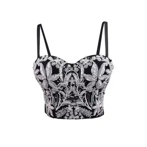 Tank Tops Women Bra Blusas Short Corset Woman Clothing Sling Embroidery Sequins Wedding Party Blind Date Stage Party Shaper Ladies Crop Shirt Tube Tops Fishbone Vest