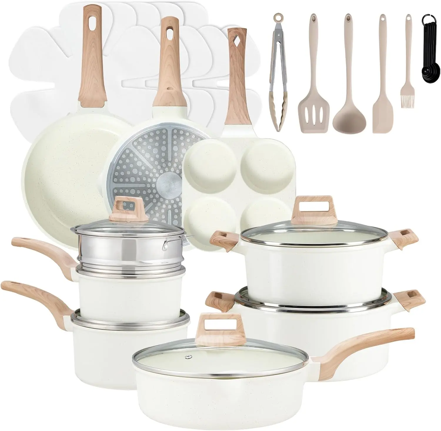 25 Pcs Induction Cookware Set, Nonstick Pots and Pans with Stay-Cool Handles, Complete Kitchen Cooking Set in Cream or Black #CookwareSet  Frying Lightweight Oil Stylish