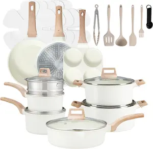 25 Pcs Induction Cookware Set, Nonstick Pots and Pans with Stay-Cool Handles, Complete Kitchen Cooking Set in Cream or Black #CookwareSet  Frying Lightweight Oil Stylish