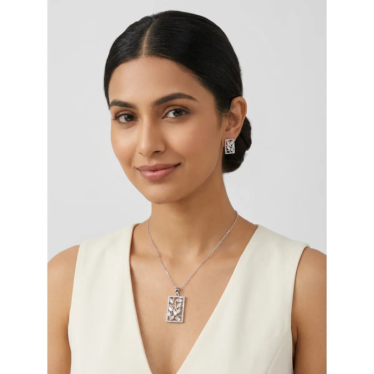 Silver Vine Platinum-Plated Necklace and Earring Set for Women