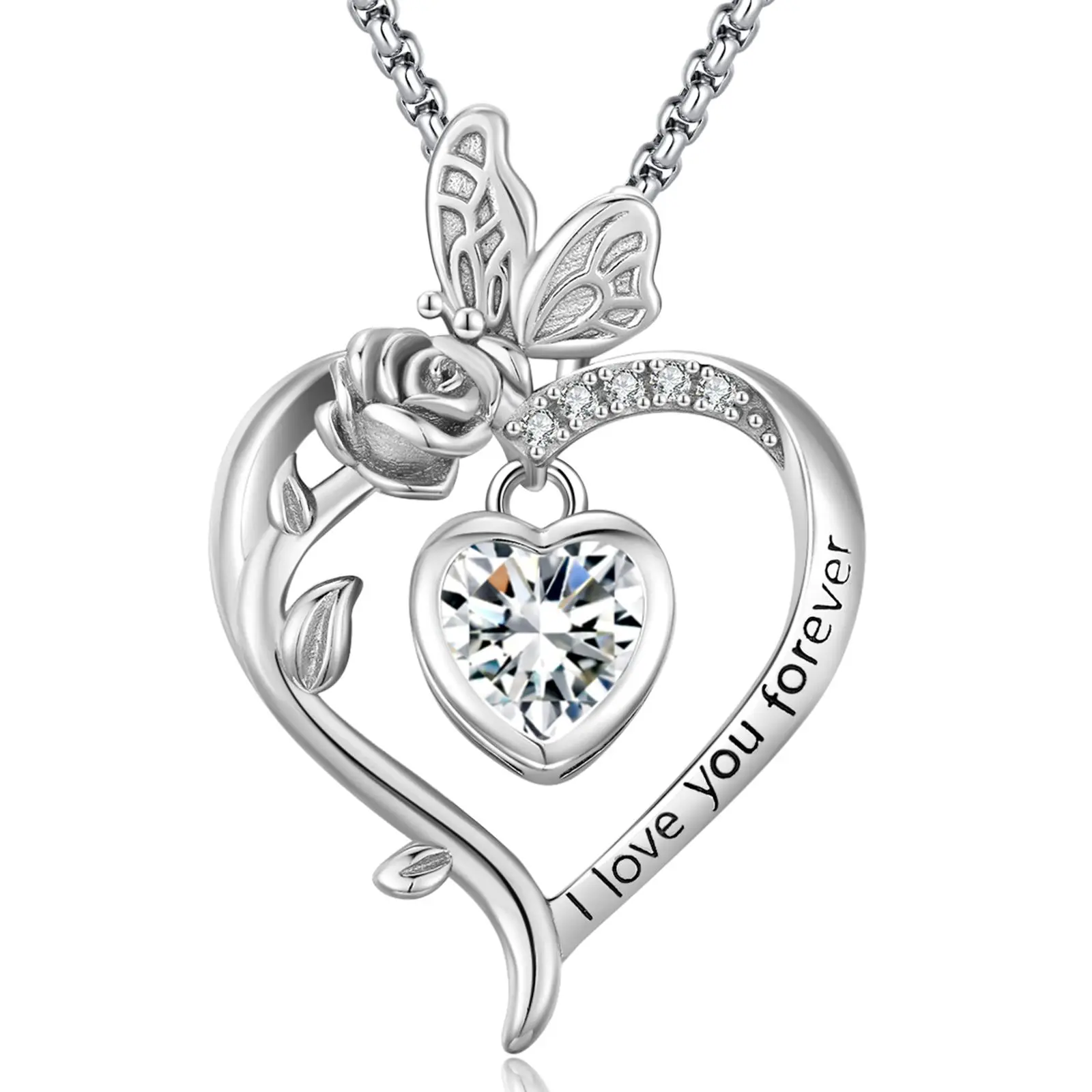 Rose Heart Necklace Butterfly Birthstone Jewelry for Women Wife Girlfriend Mom Birthday Gift Mother's Day Gift Valentine's Day Gift Mothers Day Gifts Anniversary for Her