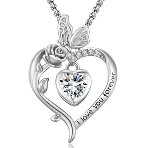 Rose Heart Necklace Butterfly Birthstone Jewelry for Women Wife Girlfriend Mom Birthday Gift Mother's Day Gift Valentine's Day Gift Mothers Day Gifts Anniversary for Her