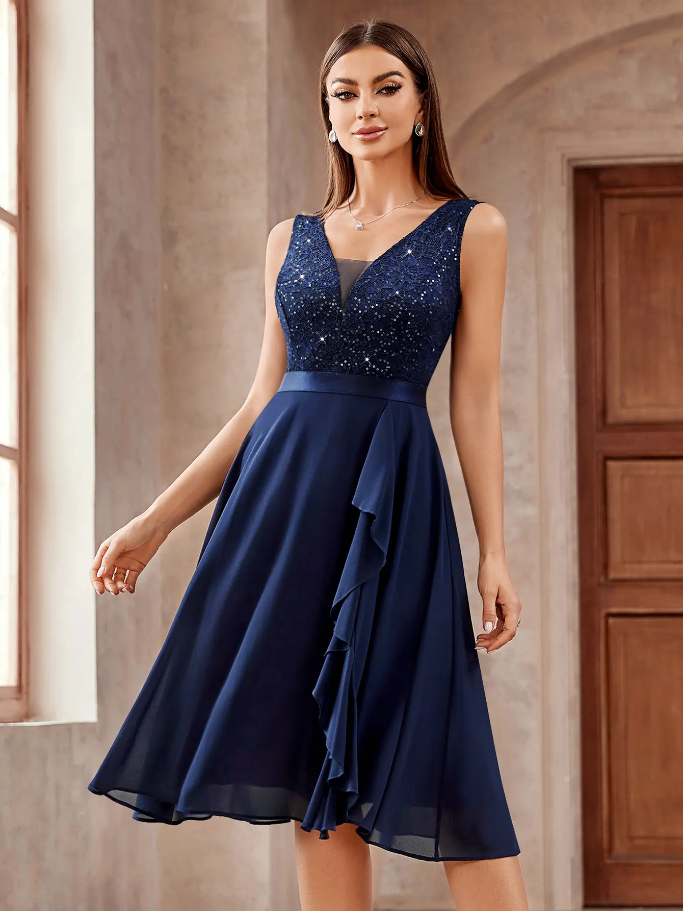 MISSMAY Y54224 Women's Solid Basic Sleeveless Vintage V-Neck Sequin A-Line Formal Dress - Formal Wear, Zip & Lace Back, Ideal for Bridesmaid Events