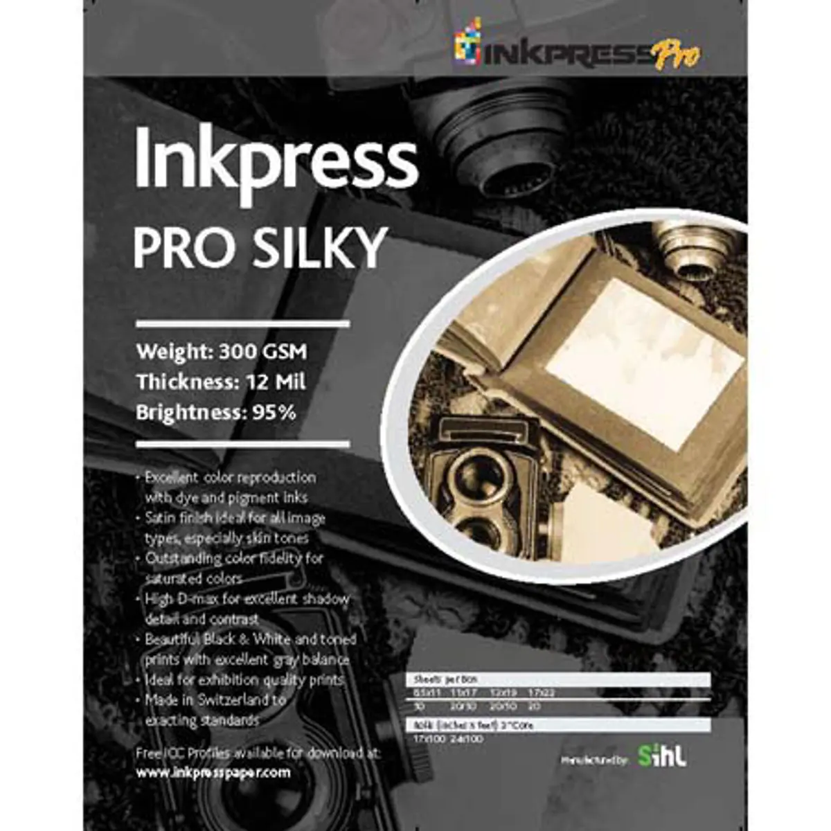 Inkpress Pro Silky Inkjet Photo Paper, 300gsm, 12mil, 95% Bright, 13x19", 50 Sheets