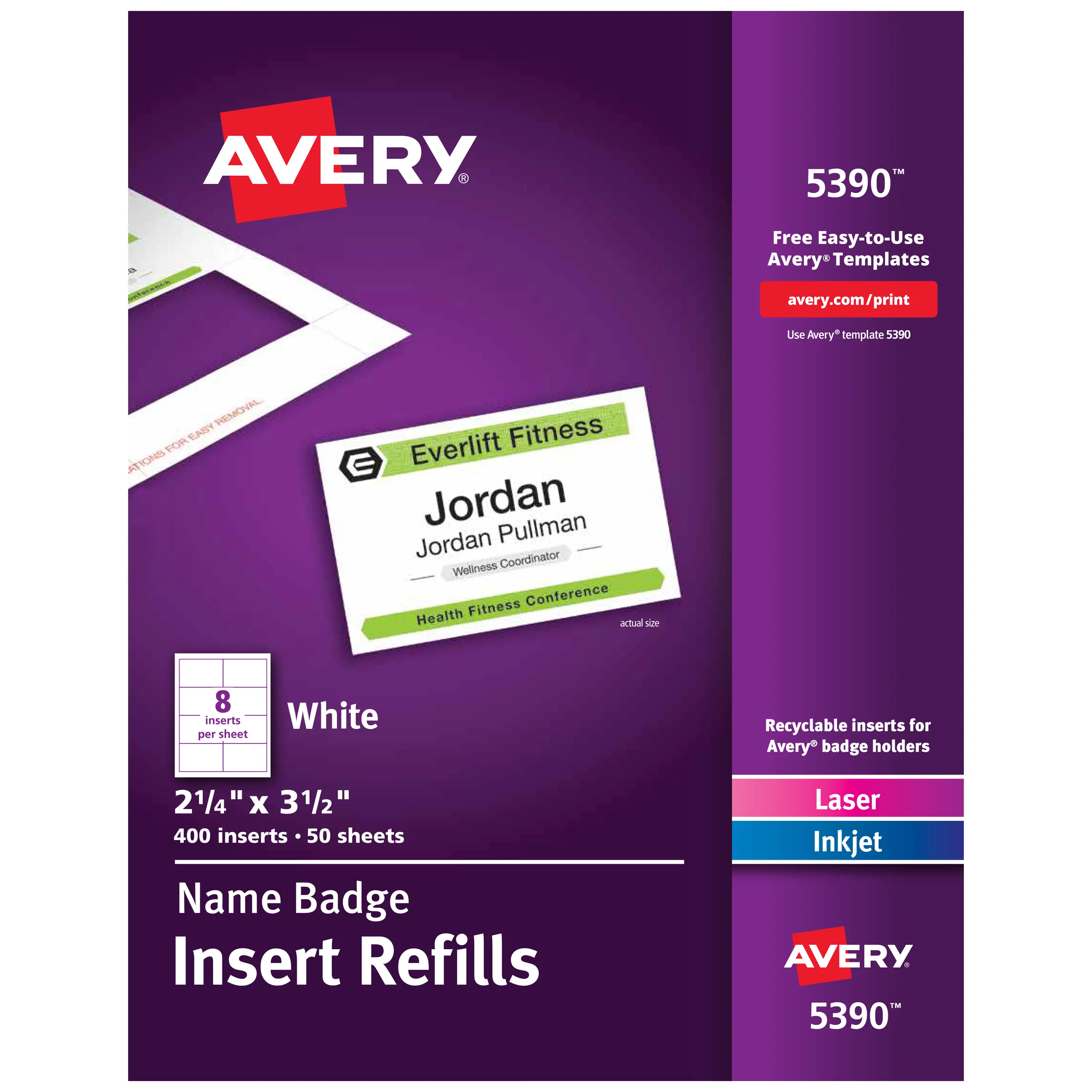 Avery Customizable Name Badge Inserts - 400 pcs, 2.25"x3.5" Micro-Perforated Print-Ready Paper, Easy-to-Use Laser/Inkjet Compatible, Badge Accessories, ID Tag Supplies (5390)
