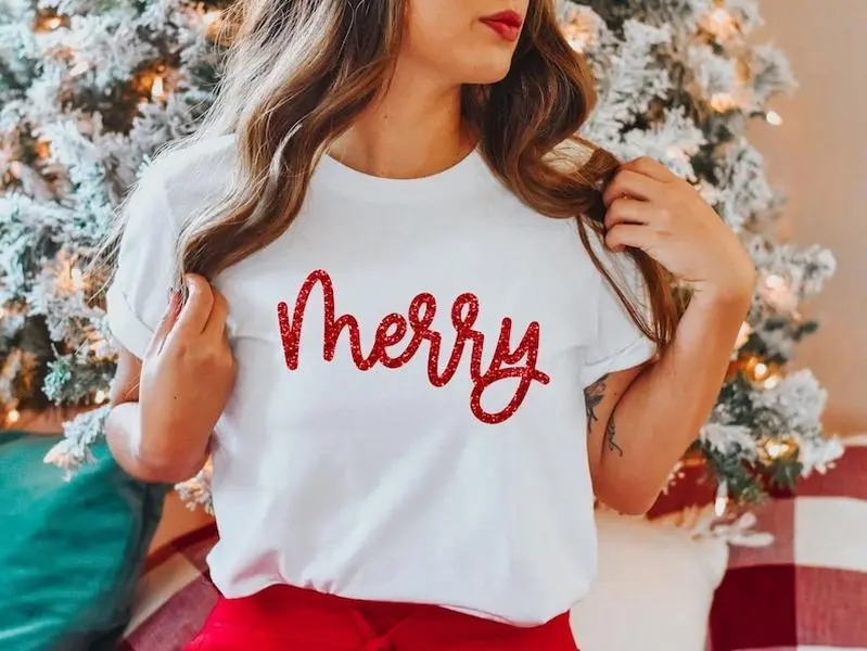 Merry Christmas Shirt, Glitter Merry Christmas T-shirt, Holiday Shirts Women, Merry Christmas, Christmas Tshirt, Christmas Crewneck Tee Cotton Maroon Top Womenswear