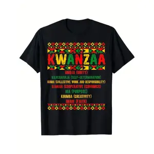 Men's & Women's Kwanzaa T-Shirt - African Heritage Kinara Candles & 7 Principles (Unity, Self-Determination, Cooperative Economics) - Soft Breathable Knit Cotton, Relaxed Fit Crew Neck, Pan-African Colors - African Cultural Apparel