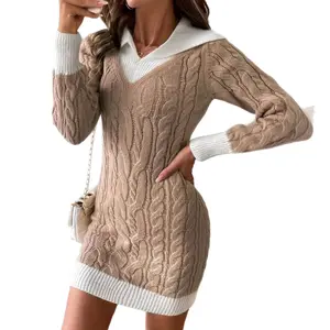 European and American Autumn Winter Long Sleeve Cable Knit Sweater Dress 2025 Doll Collar Color Block Pullover Petite Knitted Short Dress for Womenswear Vneck Knitwear Casual Khaki Tops