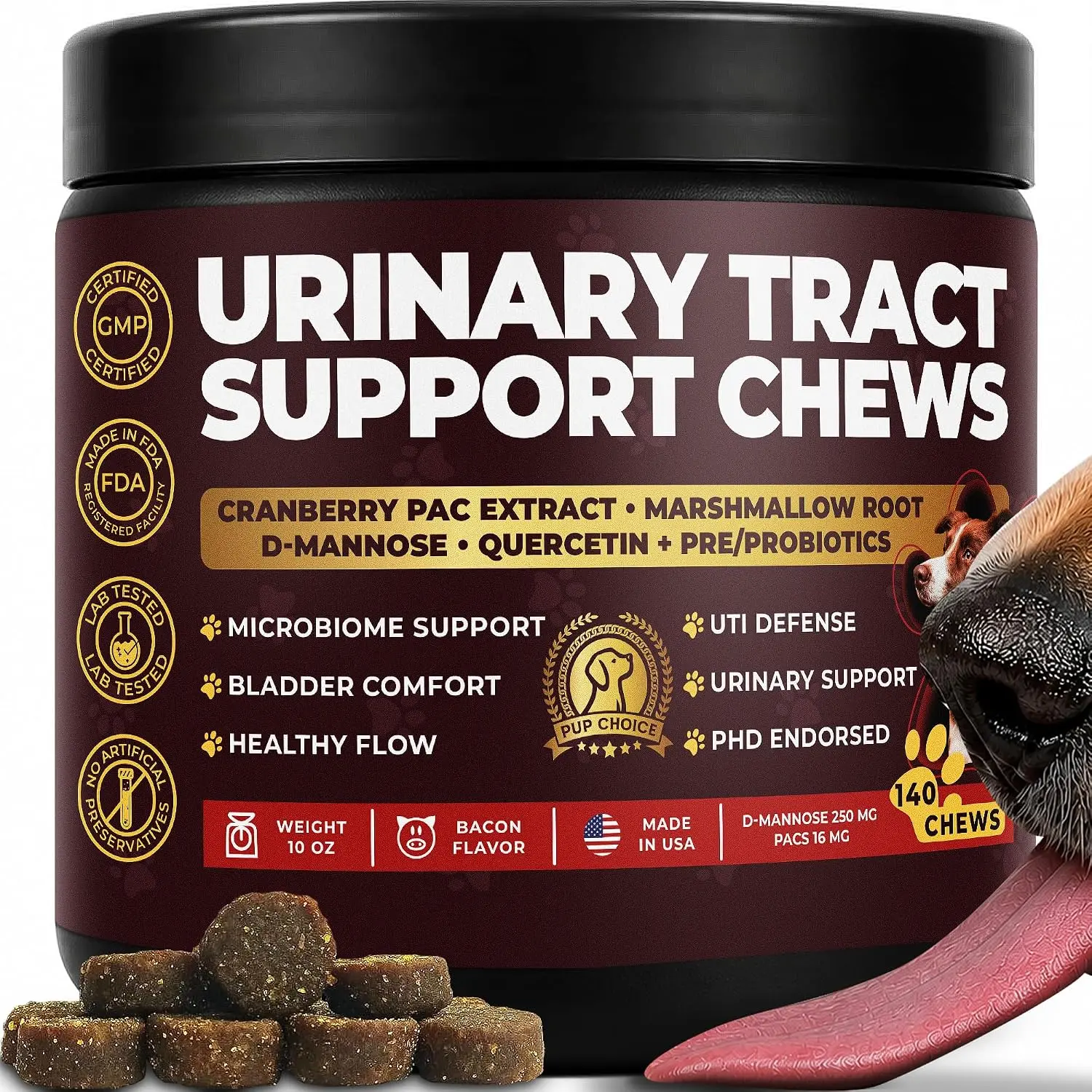 Pup Choice Soft Dog Chews - Cranberry PAC Extract UTI Supplement with 250 mg D-Mannose per Serving, Marshmallow Root, Quercetin, Pre/Probiotics for Daily Use Urinary Tract Support - 140 Chews, 10 oz Long-Term Value, Bladder Control