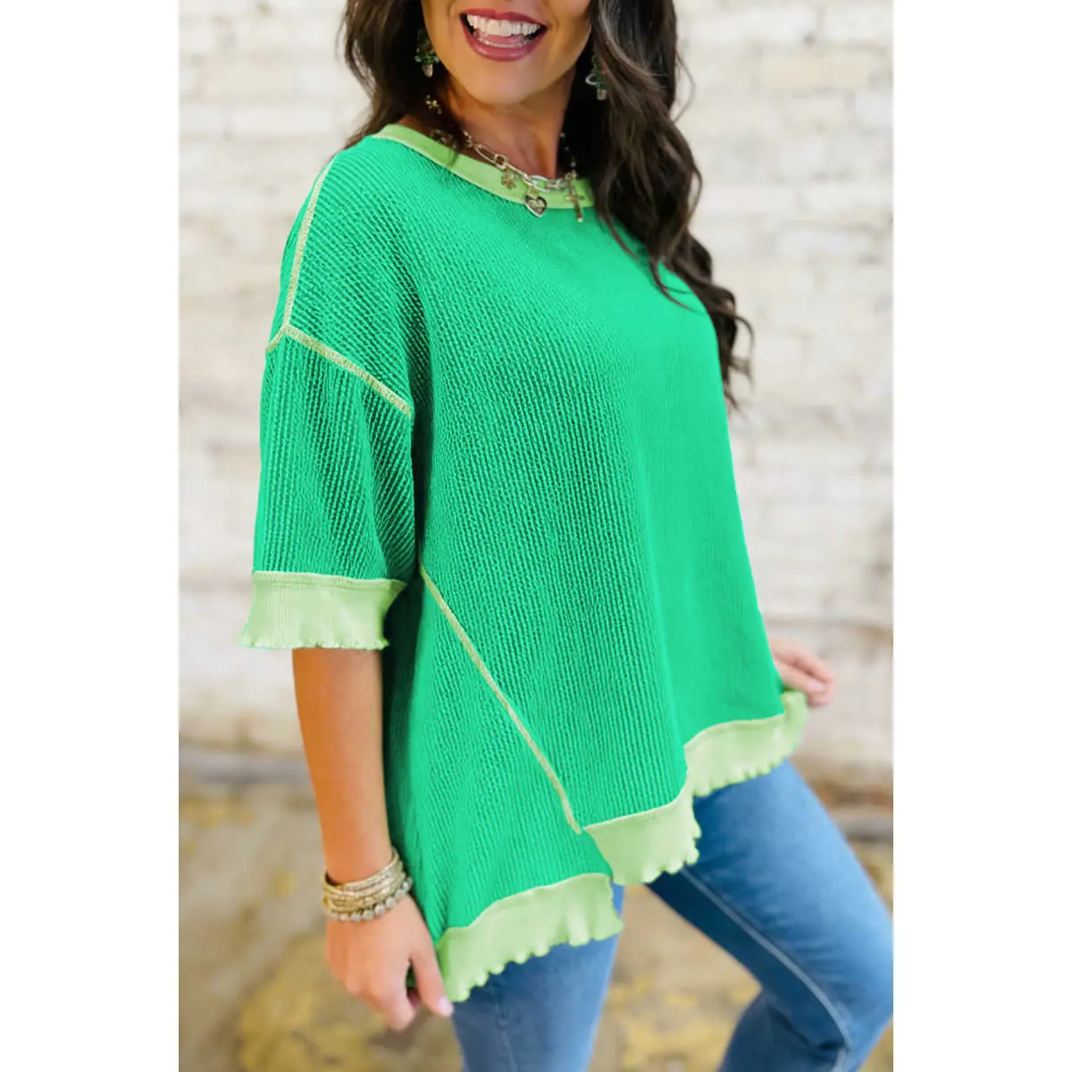 Mint Green Ribbed Knit Tee for Women, Casual Loose Fit Short Sleeve Top with a Twist Detail and Uneven Hem, Shortsleeve, Lightweight, Tshirt, Breathable, Shirts For Women, Knitwear, Fabric, Relaxed Fit, Elastane, Relaxed Cut, Trendy Hem Twist