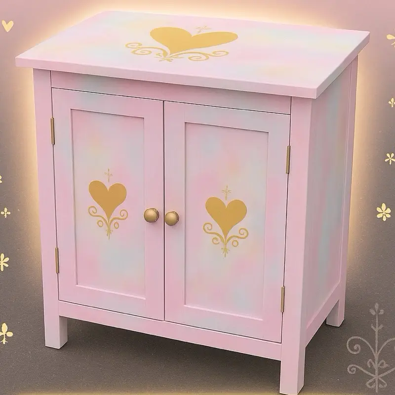 Buffet Erzulie Freda Pink Heart Design Storage Cabinet with Gold Hardware and Elegant Fleur-de-Lis Accents