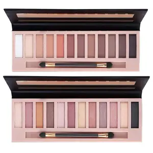 2Pcs Pro 12 Colors Matte + Shimmer Nude Naked Eyeshadow Palette Natural Velvet Texture Pigmented Blendable Diamond Smokey Eye Shadow Pallet Kit with Brush (Natural)
