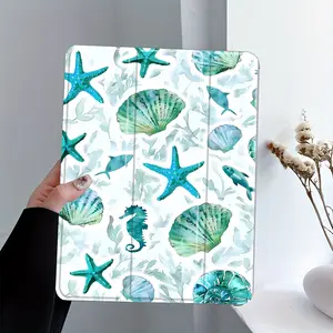 Watercolor Ocean Life iPad Case,Starfish & Seashell Print Protective Cover Auto Wake/sleep,Anti-Drop Scratch-Resistant,Transparent Acrylic Back,Fits iPad 7.9/8.3/10.2/10.5/10.9/11/12.9 13 inch,Shock-resistant Full Cover Protective Case Ideal for Office