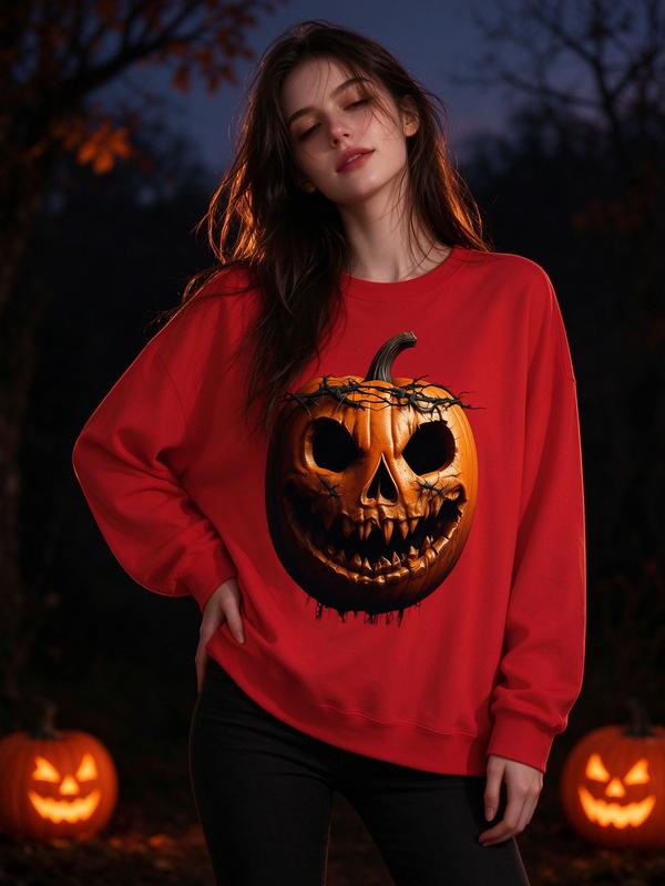 Women's Evil Pumpkin Halloween Sweatshirt - Casual Long-Sleeve Comfortable Garment, Spooky Jack-o-Lantern Crewneck, Dark Gothic Fall Oversized Everyday Top, Horror Outfit, Pumpkin Patch Vibes