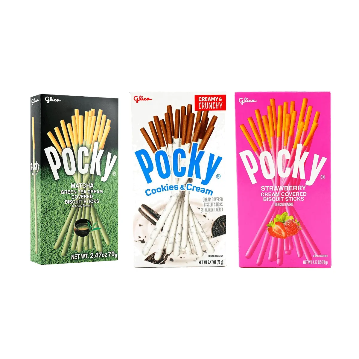 Glico Pocky 3 Flavors Combo Pack: Matcha Chocolate, Oreo Cream Cookie, Strawberry Cream Wafer Sticks - 210g Variety Snack Box