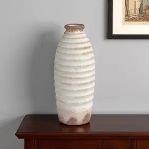 360 stand 11in Vintage Painted Decorative Bohemian Ivory & Brown Round Ceramic Vase, Home Decor Accessory for Indoor Table Centerpiece, Room Flower Display, Gift, Decorative Vase