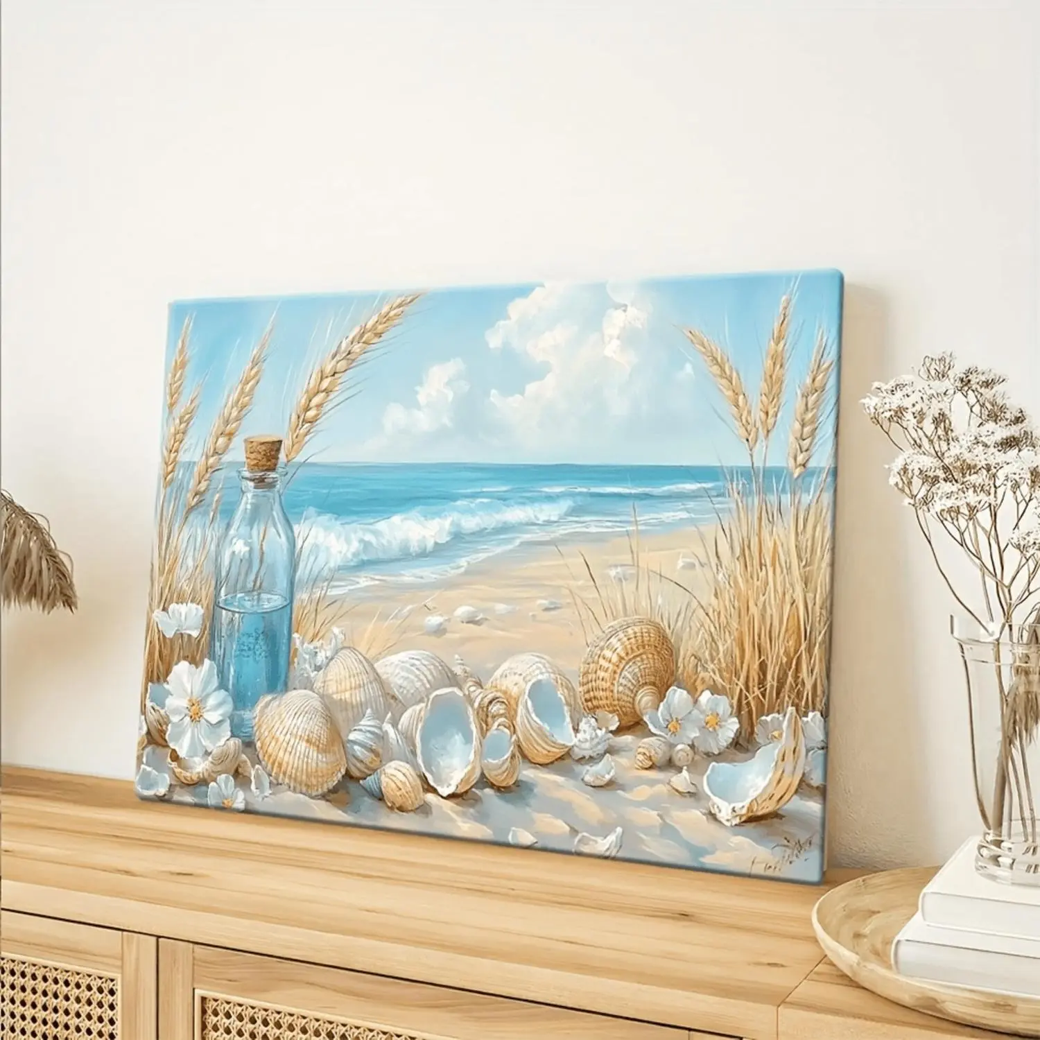 2D Flat Artistic Shell Pattern Wall Art - Classic Wooden Frame, Easy-Install Coastal Decor, Beach Scene Wall Art for Living Room, Office, Multi-Size, Available in All Sizes