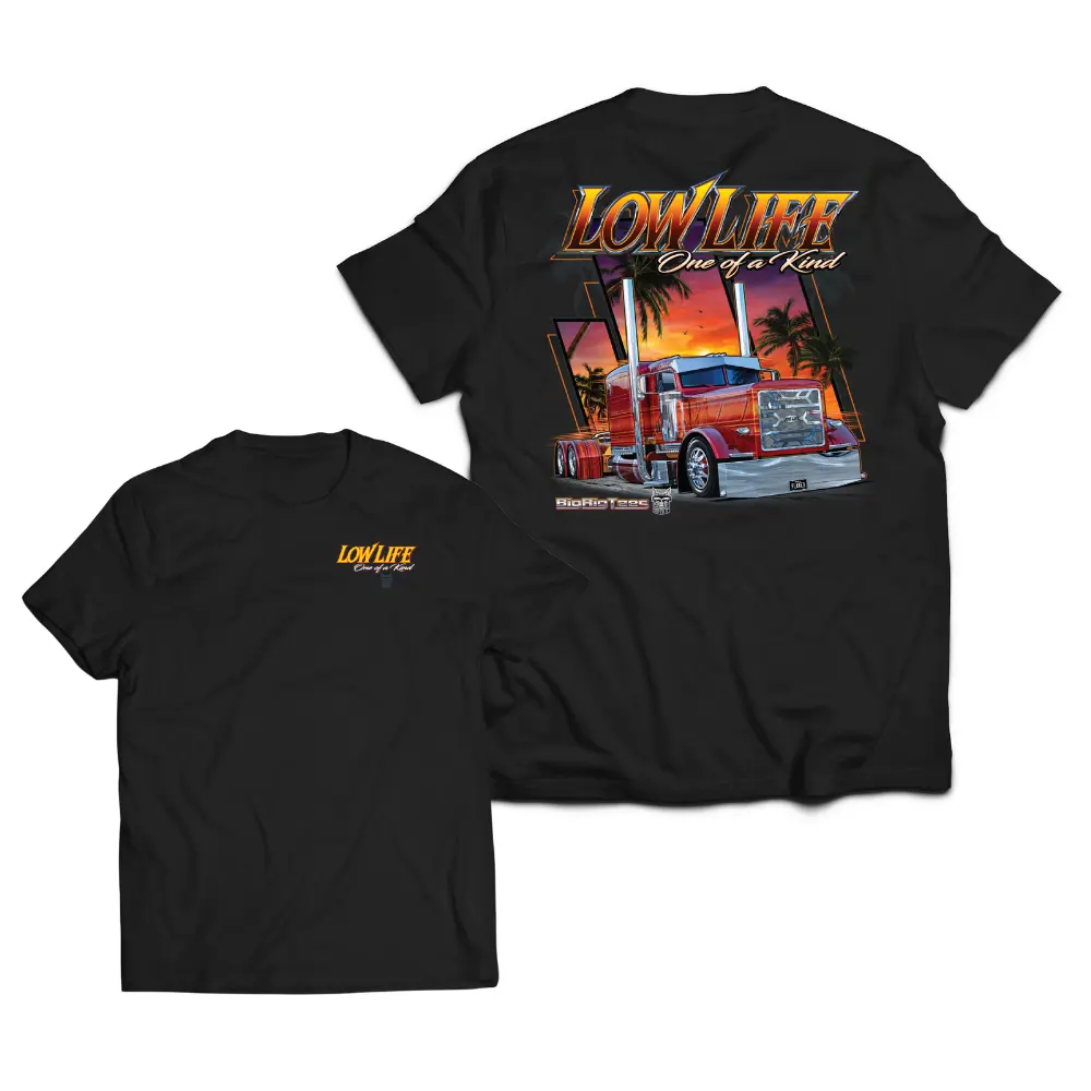 LowLife Trucking T-Shirt, Custom Big Rig Sunset Graphic, RioRideTees Performance Graphic Shirt for Truckers & Diesel Enthusiasts, Gift for Semi Drivers & American Road Lovers