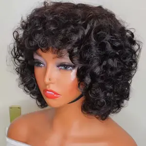 【Live Sale】 UNice Curly Pixie Cut Wig With Bangs 10" Short Bouncy Curly Hair Wig  Full Machine Made Brazilian Human Hair Fluffy Bob Wig