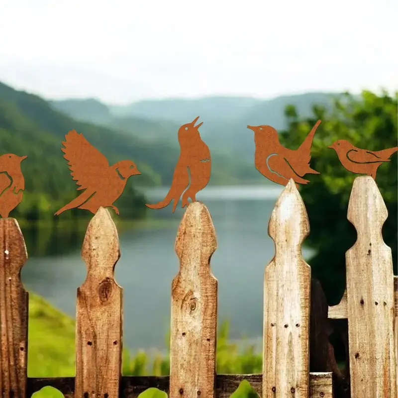 Set of 5 Metal Rusty Birds - Fence Toppers - Sparrow and Wagtail - Outdoor Rusted Metal Garden Art - Rusty Garden Furniture - Garden Animal