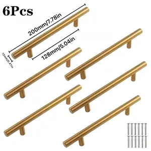 6-Pack Gold Stainless Steel Cabinet Door Handles, Brushed Surface, 0.98 Inch Screw Length, Elegant Hardware for Kitchen and Wardrobe, Includes Mount