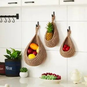 Wall-Mounted Braided Rope Vegetable Fruit Basket, Hanging Water Drop Net Kitchen Wall Storage Bag, Large Medium Small Three-Piece Set