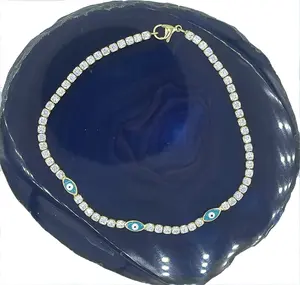 Tennis Evil Eye Anklet with Cubic Zirconia Stones, 9 inches Long + 2 inches Extension, 14K Gold Plated