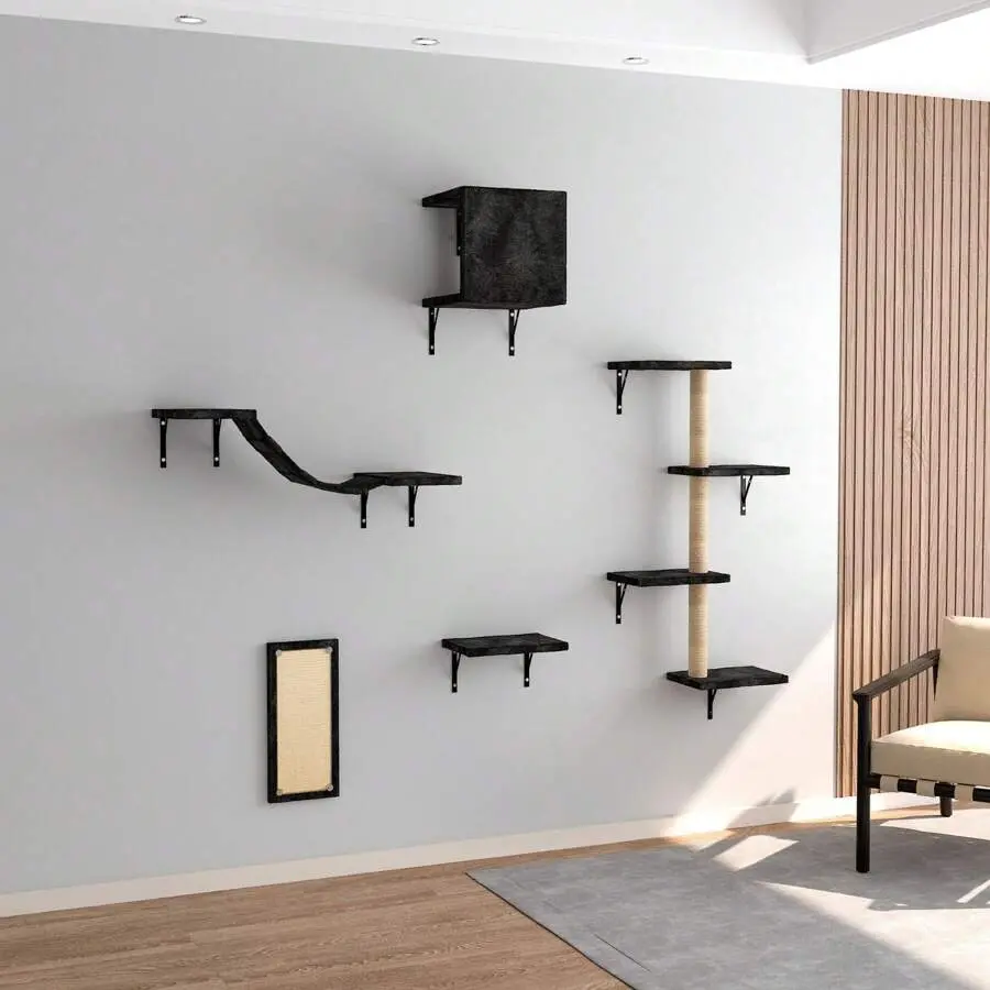 Cat Tree Wall Mounted Furniture DIY Set Climbing Shelves For Kitty Play & Relaxing - Includs Scratching Board, Connect Bridge, House And Scratching Posts