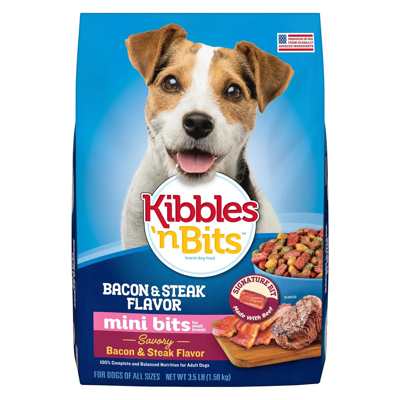 Kibbles 'n Bits Mini Bits Small Breed Dry Dog Food, 3.5 lb. Bag Complete & Balanced Nutrition Formulated For Small Adult Dogs With Easy-To-Chew Bites Of Savory Bacon & Steak Flavors