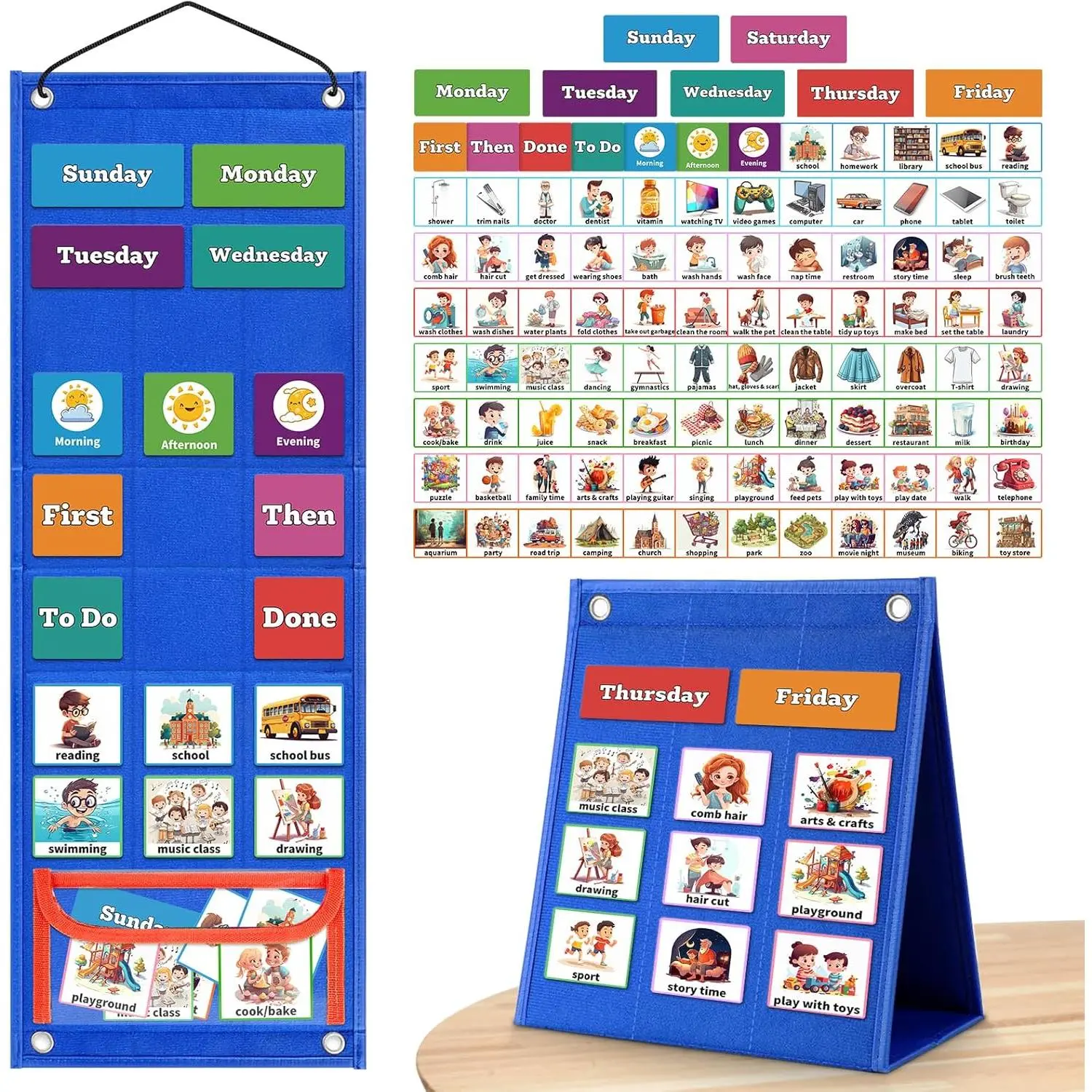 New Chore Chart - 3-in-1 Durable and Safe PVC Board Routine Guide, 103 Daily Tasks Pocket Chart Cards, Wall Planner for School, Suitable-Sized PVC Storage Bag, Non-Deformable Office/School Educational Supply