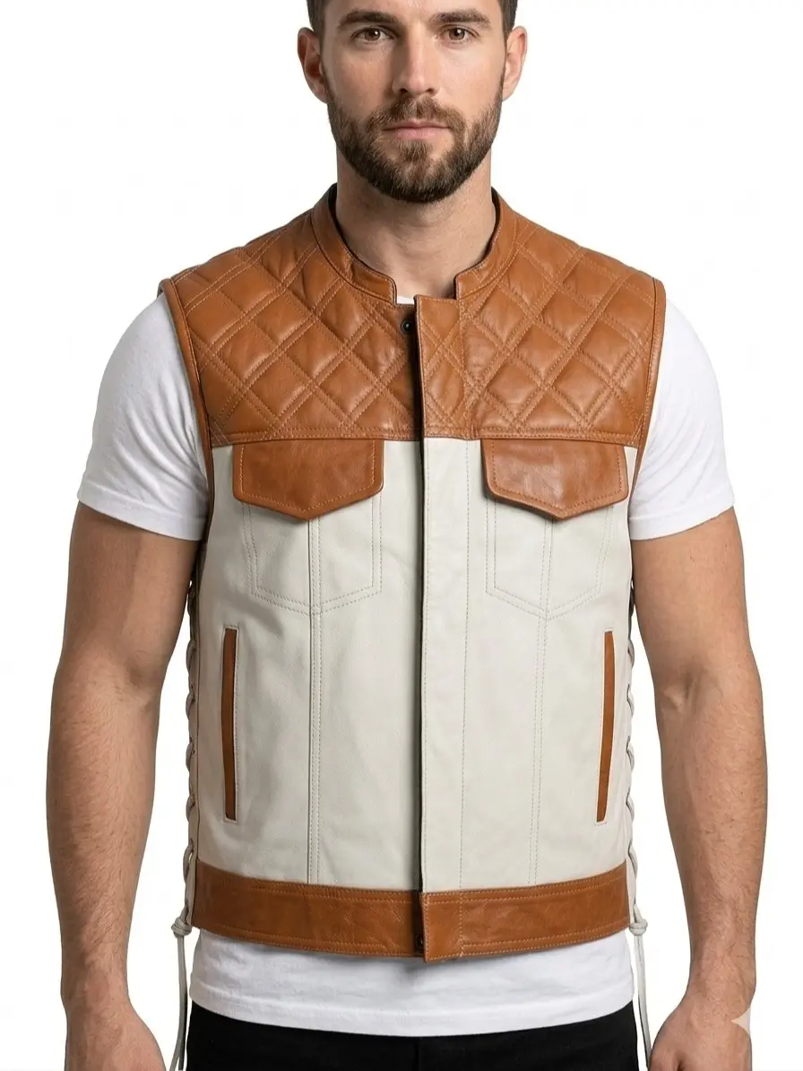 Men's Genuine Leather Vest Slim Fit Biker Motorcycle Riding Gilet Sleeveless Streetwear Jacket with Pockets
