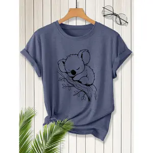 Women's Elegant Short-Sleeve Polyester T-Shirt - Round Neck, Tree-Dwelling Sleeping Koala Print, Vintage Style, Soft Breathable Comfortable New Top for Spring Summer Commuting, Daily Wear, Polyester Clothing