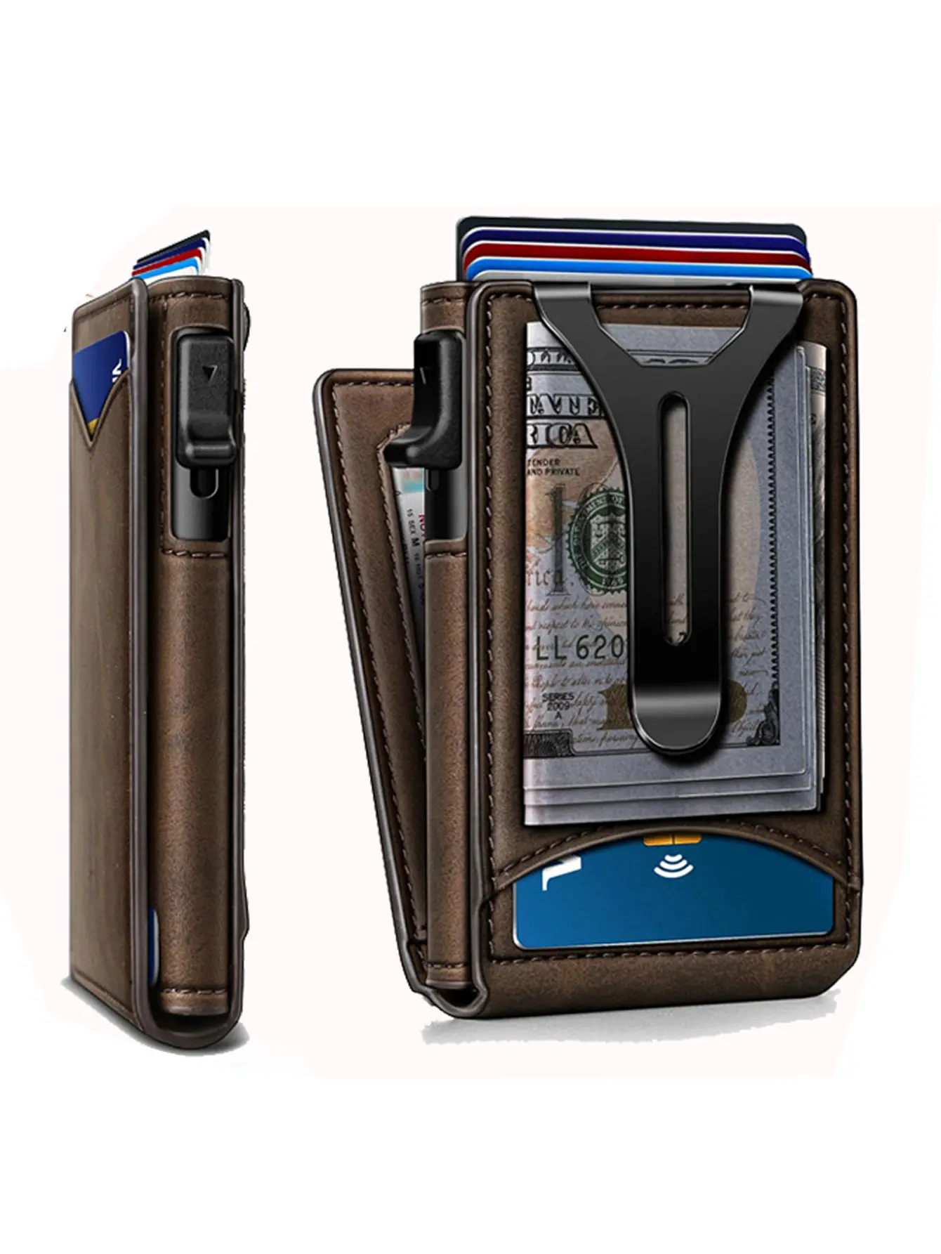 Smart Men's Wallet Slim Aluminum Metal Money Clip 9 Cards Holder RFID Blocking Mens Minimalist Pop Up Wallet with ID Window Magnetic Front Pocket for Men